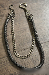 Cool Men's Black Braided Leather Double Skull Pants Chain Wallet Chain For Men - iwalletsmen