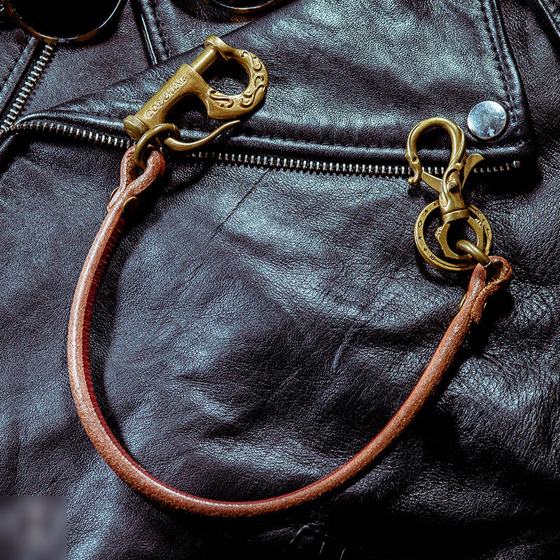 Cool Men's Leather Gold Brass Hook Key Chain Pants Chain Biker Wallet Chain For Men - iwalletsmen