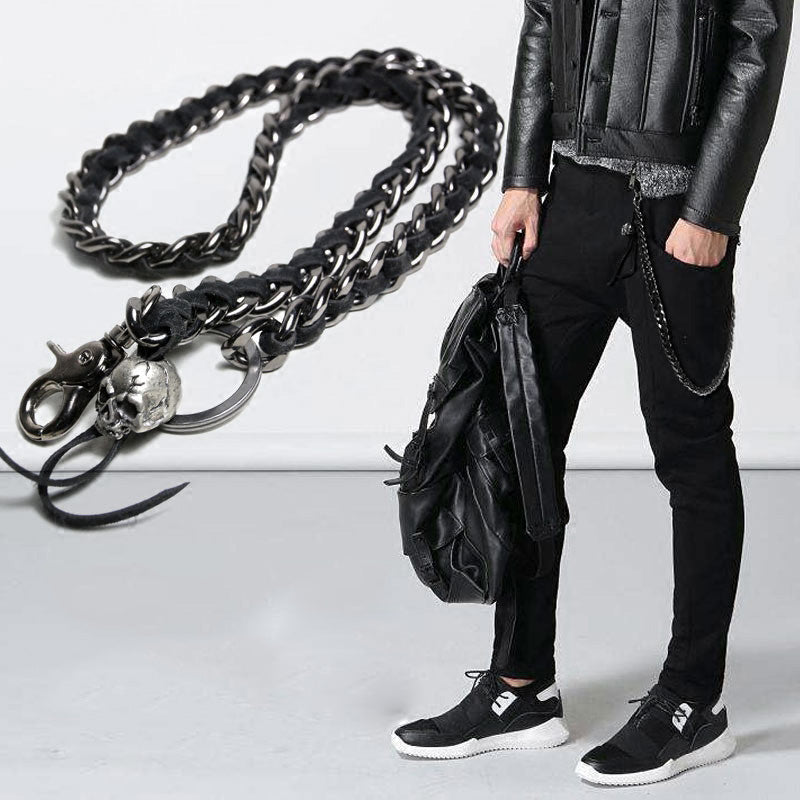 SD Cool Men's Leather Stainless Steel Woven Skull Key Chain Pants Chain Biker Wallet Chain for Men Silver / 66cm / Black