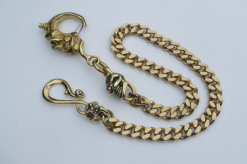 Cool Men's Pure Gold Brass Skull 18'' Key Chain Pants Chains Biker Wal