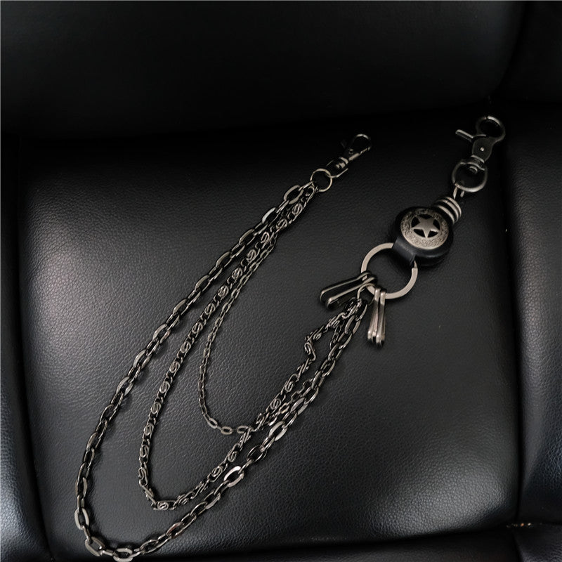 Cool Men's Silver Star Triple Pants Leather Head Chain Punk Wallet Chain For Men - iwalletsmen