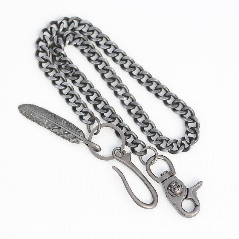 Cool Men's Skull Long Feather Pendant Hip Hop Stainless Steel Pants Chain Biker Wallet Chain For Men - iwalletsmen