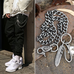 Cool Men's Skull Long Feather Pendant Hip Hop Stainless Steel Pants Chain Biker Wallet Chain For Men - iwalletsmen