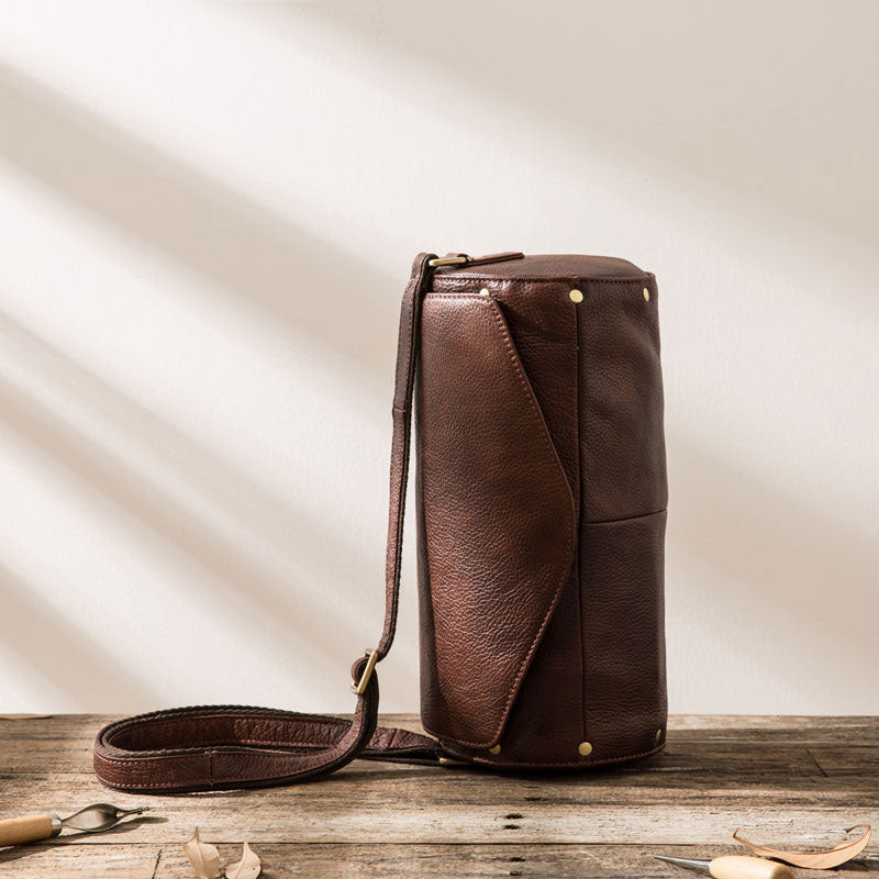 Cool Small Mens Leather Barrel Bag Messenger Bags Shoulder Bags  for Men - iwalletsmen