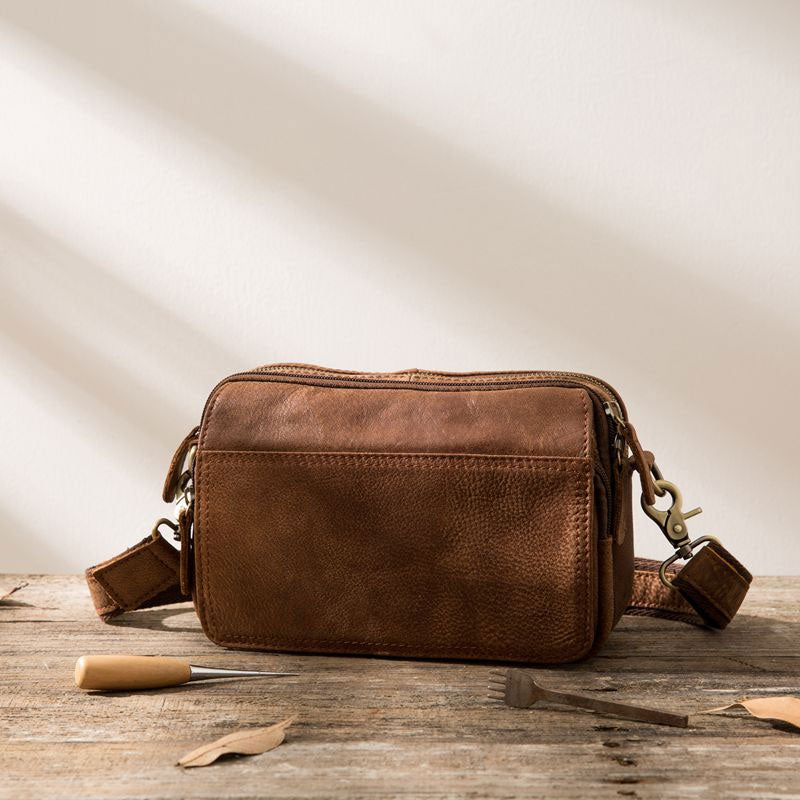 Cool Small Mens Leather Camel Bag Messenger Bags Shoulder Bags  for Men - iwalletsmen