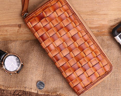 Cool Tan Mens Leather Long Wallet Braided Zipper Long Wallet for Men - iwalletsmen