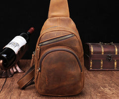 Cool Vintage Brown Leather Chest Bag Sling Bags Crossbody Sling Bag One Shoulder Backpack For Men - iwalletsmen