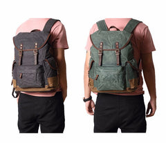 Cool Waxed Canvas Mens Casual 14'' Green Hiking Backpack Black Computer Backpack Travel Backpack College Bag for Men - iwalletsmen