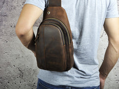 Cool Brown Mens Leather Chest Bags Sling Bag One Shoulder Backpack For Men - iwalletsmen