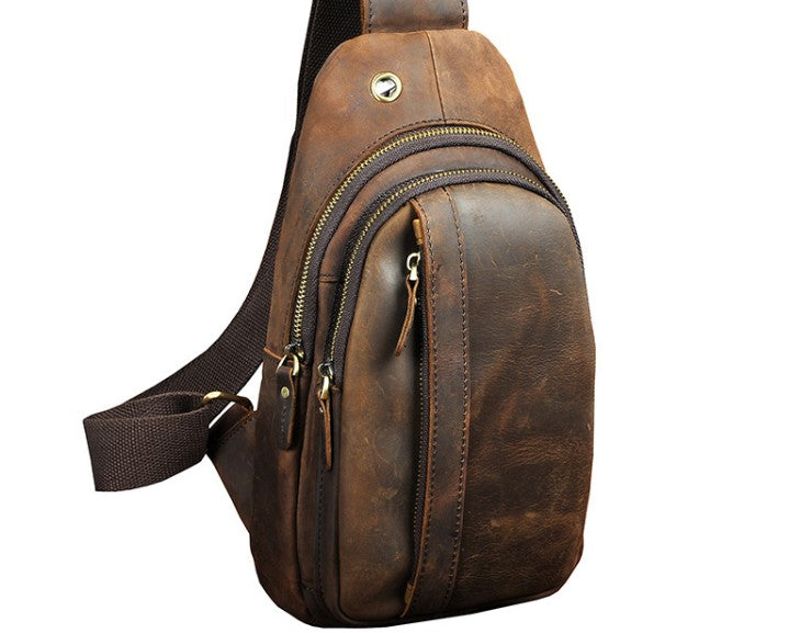 Men's Leather Sling Bag Chest Bag One Shoulder Bag Crossbody Bag Backpack  By Rustic Town (Dark Brown)