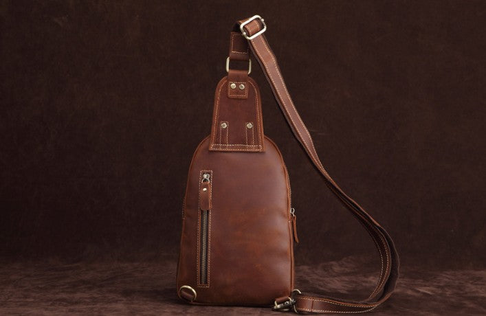 Cool Dark Brown Mens Leather One Shoulder Backpack Chest Bag Sling Bag ...