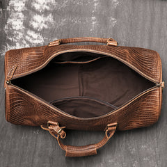 Brown Leather Mens Large Weekender Bag Crocodile Pattern Duffle Bag Overnight Bag for Men