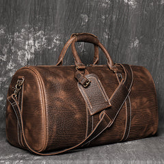 Brown Leather Mens Large Weekender Bag Tree Pattern Duffle Bag Overnight Bag for Men