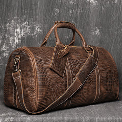 Brown Leather Mens Large Weekender Bag Tree Pattern Duffle Bag Overnight Bag for Men