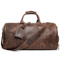 Brown Leather Mens Large Weekender Bag Tree Pattern Duffle Bag Overnight Bag for Men