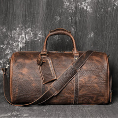 Brown Leather Mens Large Weekender Bag Tree Pattern Duffle Bag Overnight Bag for Men