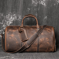 Brown Leather Mens Large Weekender Bag Crocodile Pattern Duffle Bag Overnight Bag for Men