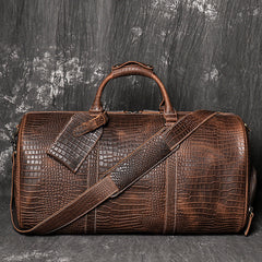Brown Leather Mens Large Weekender Bag Tree Pattern Duffle Bag Overnight Bag for Men