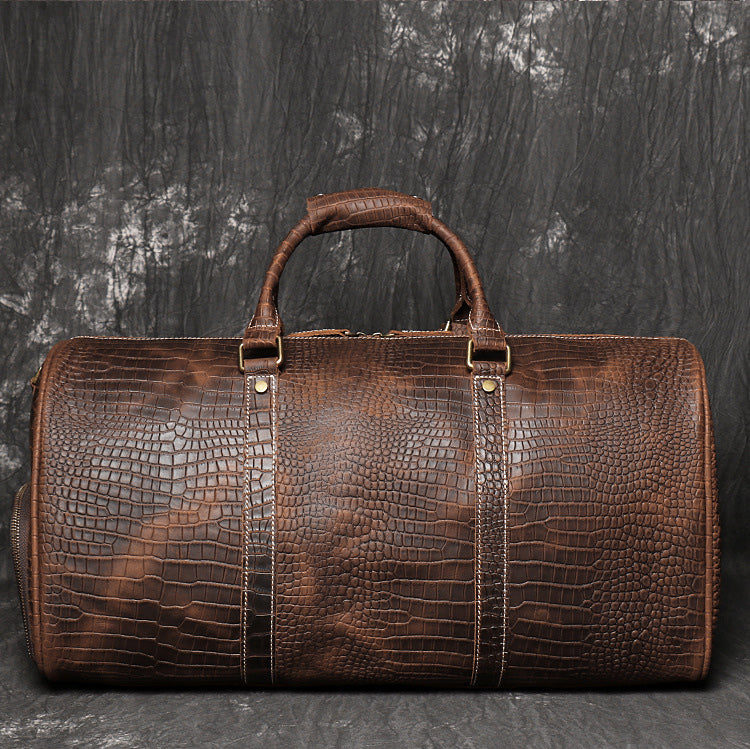 Brown Leather Mens Large Weekender Bag Crocodile Pattern Duffle Bag Overnight Bag for Men