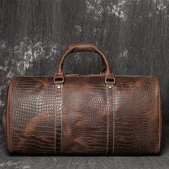 Brown Leather Mens Large Weekender Bag Tree Pattern Duffle Bag Overnight Bag for Men