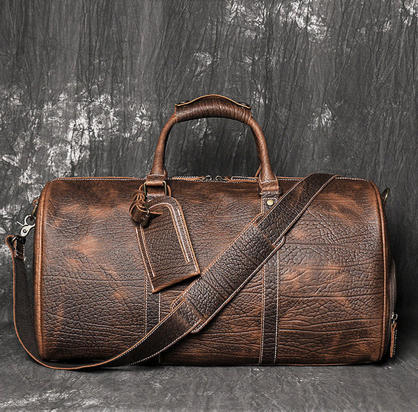 Brown Leather Mens Large Weekender Bag Tree Pattern Duffle Bag Overnight Bag for Men