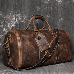 Brown Leather Mens Large Weekender Bag Tree Pattern Duffle Bag Overnight Bag for Men