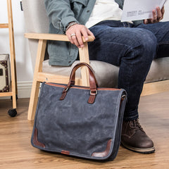 Dark Blue Leather Mens Briefcase Work Handbag Vintage Side Bags Handbag For Men