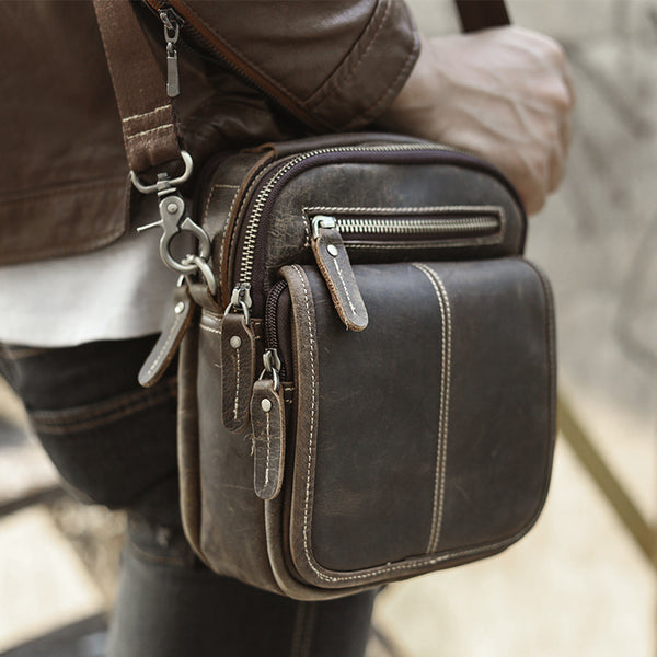 Tan Cool Leather Men Small Side Bag Messenger Bag Belt Pouch Waist Bag for Men - iwalletsmen