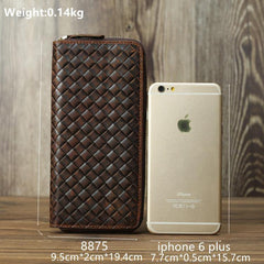 Braided Leather Long Wallet for Men Woven Bifold Long Wallet Brown Zip Cards Wallet For Men - iwalletsmen