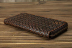 Braided Leather Long Wallet for Men Woven Bifold Long Wallet Brown Zip Cards Wallet For Men - iwalletsmen