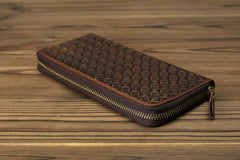Braided Leather Long Wallet for Men Woven Bifold Long Wallet Brown Zip Cards Wallet For Men - iwalletsmen