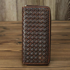 Braided Leather Long Wallet for Men Woven Bifold Long Wallet Brown Zip Cards Wallet For Men - iwalletsmen