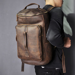 Dark Coffee Bucket Leather Men's 14 inches Large College Backpack Barrel Travel Backpack For Men - iwalletsmen