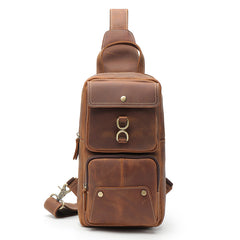 Brown Leather Men's Sling Bag Brown Sling Pack Chest Bags One Shoulder Backpack For Men - iwalletsmen