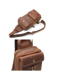 Brown Leather Men's Sling Bag Brown Sling Pack Chest Bags One Shoulder Backpack For Men - iwalletsmen