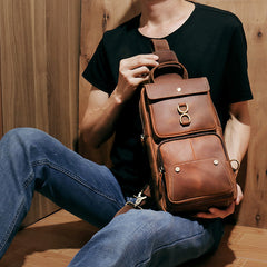 Brown Leather Men's Sling Bag Brown Sling Pack Chest Bags One Shoulder Backpack For Men - iwalletsmen