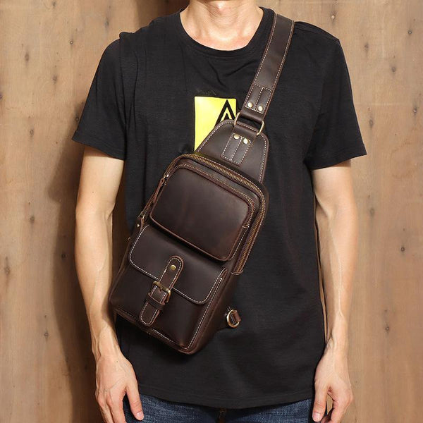 Brown Leather Men's Sling Bags Best Sling Pack Chest Bag One Shoulder Backpack For Men - iwalletsmen