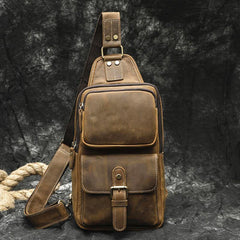 Brown Leather Men's Sling Bags Best Sling Pack Chest Bag One Shoulder Backpack For Men - iwalletsmen