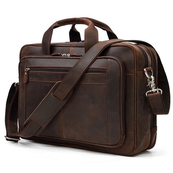 Dark Brown Leather Mens 15 inches Large Laptop Work Bag Handbag Briefcase Side Bags Business Bags For Men