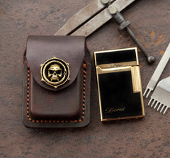 Skull Brown Leather Mens S.T.Dupont Lighter Cases Ronson Lighter Holder For Men - iwalletsmen