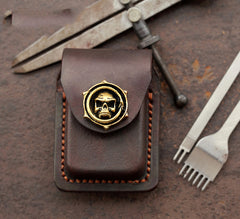 Skull Brown Leather Mens S.T.Dupont Lighter Cases Ronson Lighter Holder For Men - iwalletsmen