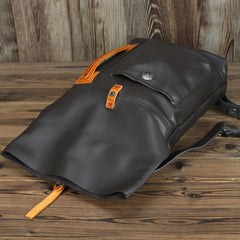 Mens Leather 14 inches Large School Laptop Backpack Rollup Khaki Brown Travel Backpacks for Men - iwalletsmen