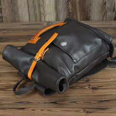 Mens Leather 14 inches Large School Laptop Backpack Rollup Khaki Brown Travel Backpacks for Men - iwalletsmen