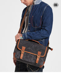 Dark Gray Waxed Canvas Leather Mens Briefcase Side Bag Messenger Bags Casual Courier Bag for Men - iwalletsmen