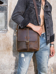 Dark Brown Casual Leather Mens 10 inches Vertical Side Bag Postman Bag Brown Messenger Bag Courier Bag for Men - iwalletsmen
