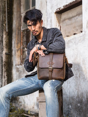 Dark Brown Casual Leather Mens 10 inches Vertical Side Bag Postman Bag Brown Messenger Bag Courier Bag for Men - iwalletsmen