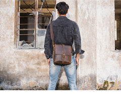 Dark Brown Casual Leather Mens 10 inches Vertical Side Bag Postman Bag Brown Messenger Bag Courier Bag for Men - iwalletsmen