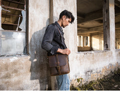 Dark Brown Casual Leather Mens 10 inches Vertical Side Bag Postman Bag Brown Messenger Bag Courier Bag for Men - iwalletsmen