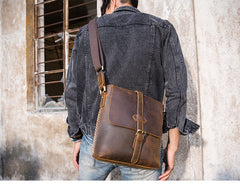 Dark Brown Casual Leather Mens 10 inches Vertical Side Bag Postman Bag Brown Messenger Bag Courier Bag for Men - iwalletsmen