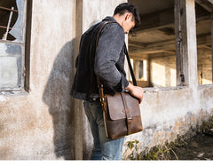 Dark Brown Casual Leather Mens 10 inches Vertical Side Bag Postman Bag Brown Messenger Bag Courier Bag for Men - iwalletsmen